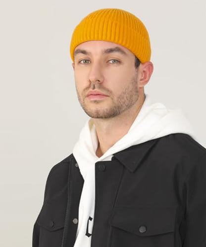 Heniho Wool Fleece Lined Fisherman Beanie for Men, Winter Warm Hats Cuffed Knit Watch Cap Trawler Hat - color: 1pack E- Yellow