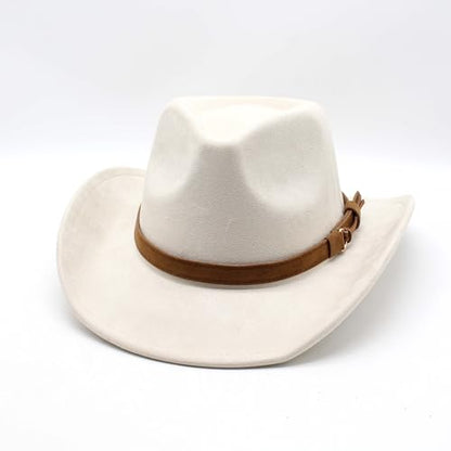 Unisex Western Suede Cowboy Cowgirl Hat Classic Wide Brim Fedora Hat for Men &Women - color: Beige