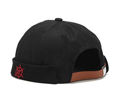 Rudder Embroidery Pattern Sailor Cap Rolled Cuff Retro Brimless Hat - color: A-black