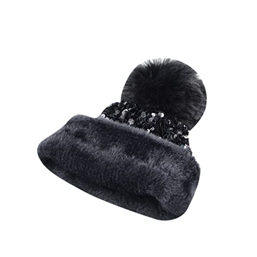 Women Sparkly Sequins Knitted Beanie Hat Warm Winter Skull Cap with Faux Fur Pom Pom - color: Black