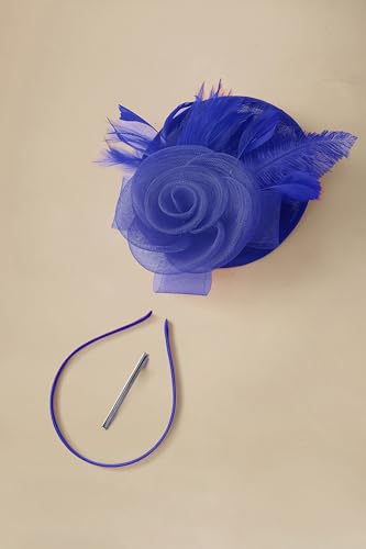 BABEYOND Fascinators Hats for Women Tea Party Mesh Flower Pillbox Derby Hat - color: Royal Blue