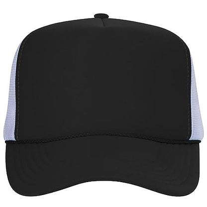 Ashen Fane Polyester Foam Front 5 Panel High Crown Mesh Back Trucker Hat - color: Blk/Blk/Wht
