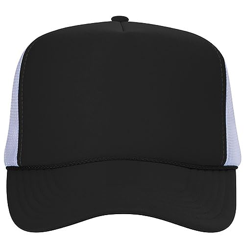 Ashen Fane Polyester Foam Front 5 Panel High Crown Mesh Back Trucker Hat - color: Blk/Blk/Wht