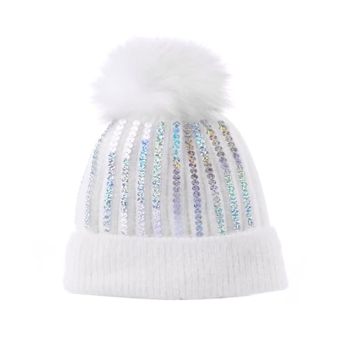 Women Girls Winter Sequin Beanie Hat with Faux Fur Pom Pom Knit Skull Cap - color: Glitter- White