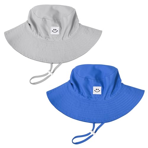 Baby Toddler Sun Hat,Kids Summer UPF 50+ Foldable Beach Bucket Hat for Boys Girls Children - color: Grey & Blue 2pcs, size: 6-24 Months