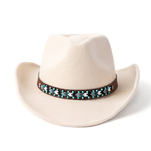 Western Cowboy Hat Felt Wide Brim Women Men Cowgirl Hats - color: X-beaded Buckle-beige