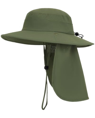 UPF50+ Sun Hat for Men Women,UV Protection Wide Brim Mesh Fishing Hat with Neck Flap for Outdoor Hiking - color: Army Green