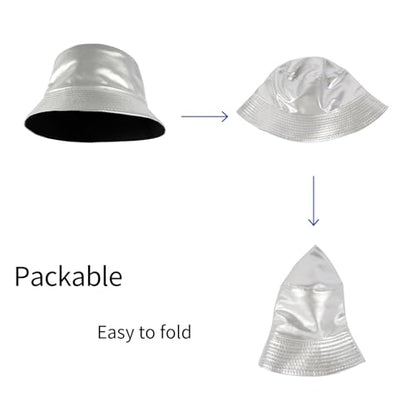 MILAKOO Pu Leather Bucket Hat for Unisex Reversible Fishing Cap Metallic Retro 80s 90s Fisherman Hat - color: C: Silver