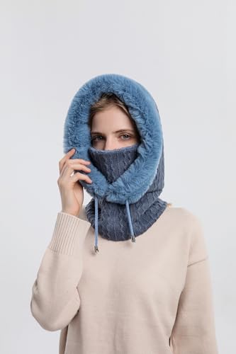 Womens Winter Hats, Warm Hooded Scarf Hat for Women, Fleece Beanie Hat with Drawstring, Balaclava Knit Skull Cap - color: Navy Blue