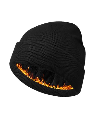 Century Star Men's Fleece-Lined Beanie Winter Knit Hat - Stretchable, Warm, Windproof, Unisex Cuffed Ski Cap for Sports - color: Black