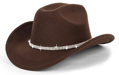Glitter Silver Black Cowboy Hats Women Western Rhinestone Cowgirl Hat - color: 3 Circles Diamond-coffee