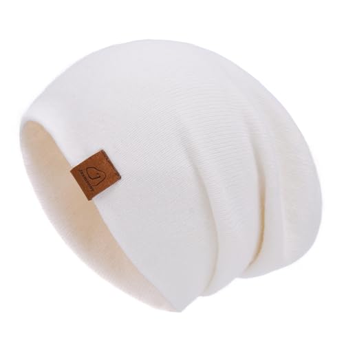 jaxmonoy Slouchy Knit Beanies Winter Hats for Women Men Soft Warm Reversible Slouch Cuffed Skull Knitted Beanie Cap - color: White