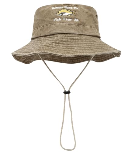 Sun Bucket Hat for Men Women Fishing Beach Safari Trendy Cotton Cowboy Cap for Golf Hiking Hunting Outdoor Boonie - color: Fish Khaki