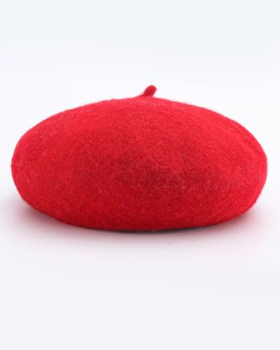 French Beret Hats for Women - Wool Solid Color Beanie Cap - color: Red