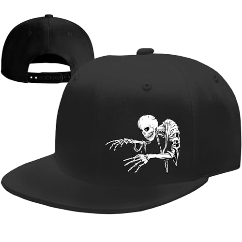 Flat Bill Hats for Men Snapback Hats Skull Skeleton Hat Flat Brim Fitted Hat Adjust Black Baseball Caps for Men - color: Ricky Crawling