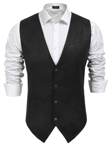 COOFANDY Men's Western Vest Suede Cowboy Vest Casual Slim Fit Waistcoat - color: Black, size: Small