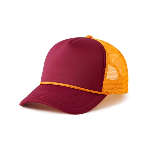 CHOK.LIDS Blank Foam Trucker Hat, Retro Mesh Rope Snapback Cap, Men Women - color: Curved Brim (Burgundy/Gold)