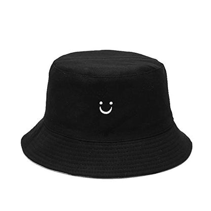 Unisex Cotton Packable Bucket Hat Sun Hat Beach Cap for Men Women - color: Smile Face Beige/Black