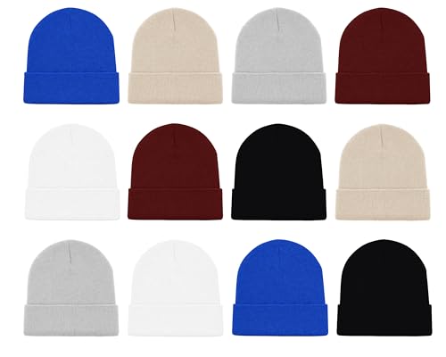 12 Pack Winter Beanie Hats for Men Women, Warm Cozy Knitted Cuffed Skull Cap, Wholesale - color: Assorted Solids #3