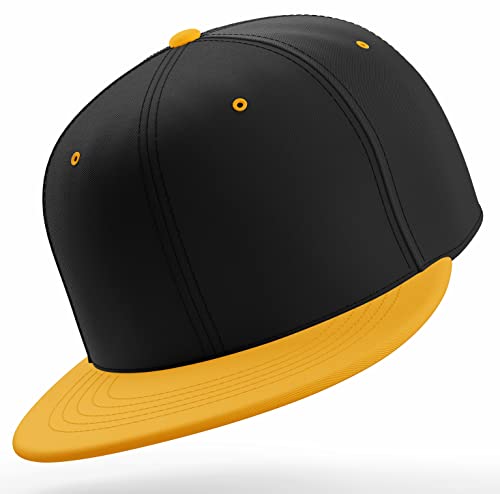 Daxton Classic Blank Snapback Flat Bill Visor Hat Cap One Size Adjustable Back - color: Black Gold