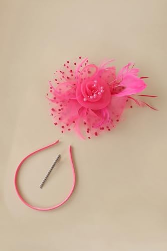 BABEYOND Fascinators Hats for Women Tea Party Flower Tulle Bead Derby Hat - color: Hot Pink