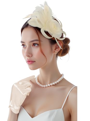 2Pcs 50s Fascinators Hats for Women Wedding Cocktail Flower Mesh Ribbons Feathers Church Tea Party Hats and Lace Glove - color: Champagne
