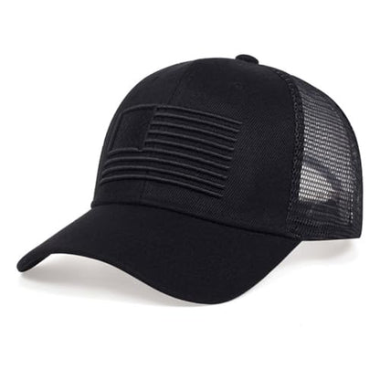 Mens American Flag Trucker Hat Breathable Mesh Baseball Cap Adjustable Low Profile Snapback Hat - color: Black