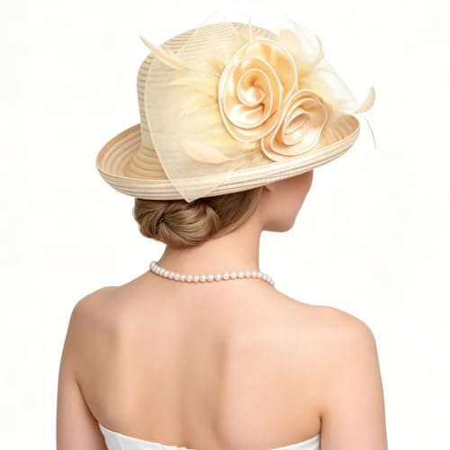 Ruphedy Women Derby Church Dress Bucket Hat Fascinators Tea Party Wedding Hat - color: Champagne