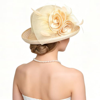 Ruphedy Women Derby Church Dress Bucket Hat Fascinators Tea Party Wedding Hat - color: Champagne