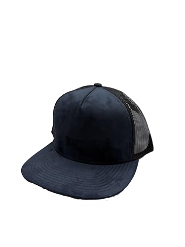Ashen Fane Faux Suede Polyester Blend 5 Panel Classic Flat or Round Visor Adjustable Snapback Mesh Back Trucker Hat - color: Flat - Navy