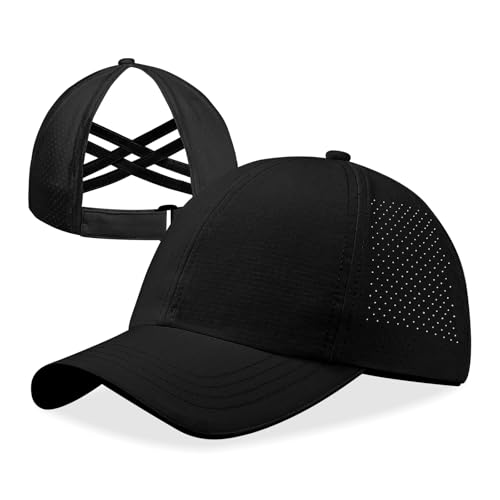 Women Criss Cross Ponytail Hat Mesh Quick Drying Baseball Cap High Messy Bun Ponycap Lightweight Outdoor Sports Hat - color: Black