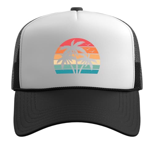 Retro Tropical Beach Palm Trees Hawaii Sunset Men Women Kids Trucker Hat with Adjustable Mesh Back - color: Black/White