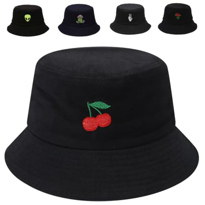 Cotton Bucket Hat for Women Men Summer Travel Sun Beach Bucket Cap, Unisex Outdoor Fisherman Hat - color: Cherry Black