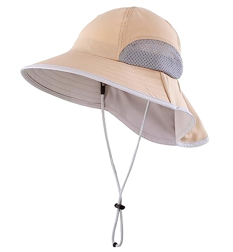 Connectyle Kids Sun Hat Adjustable Fishing Hat for Boys Grils Breathable UPF 50+ Protection Outdoor Beach Hat with Neck Flap - color: Khaki