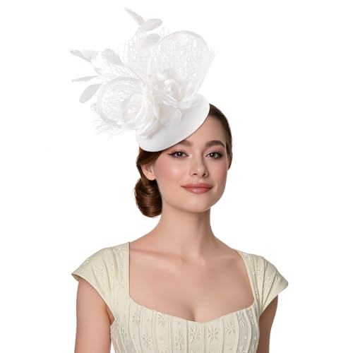 Fascinators Hat for Women Tea Party Headband Wedding Cocktail Flower Mesh Feathers Hair Clip(White) - color: White