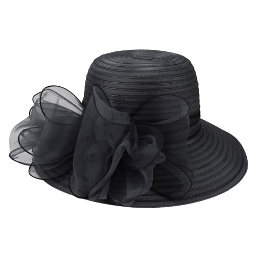 DRESHOW Lady Derby Dress Church Bowler Cloche Hat Bowknot Organza Bridal Cap for Wedding - color: 1 Pack Bowler Hat: Black
