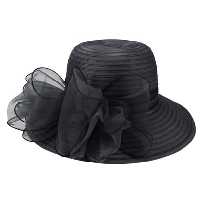 DRESHOW Lady Derby Dress Church Bowler Cloche Hat Bowknot Organza Bridal Cap for Wedding - color: 1 Pack Bowler Hat: Black