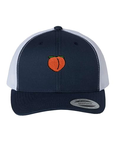 Go All Out Peach Icon Dad Deluxe Flatbill Baseball Structured Trucker Embroidered Hat - color: Navy/ White
