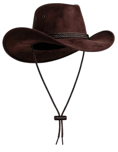 Classic Western Rolled-up Vegan Suede Cowboy Hat - color: Reddish Brown