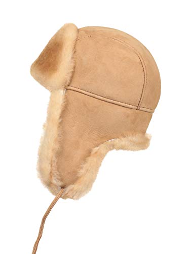 Leather Aviator Shearling Ushanka Trapper Hat Russian Sheepskin Cap Real Fur Winter Hat with Ear Flaps for Men Women - color: Tan, size: Small
