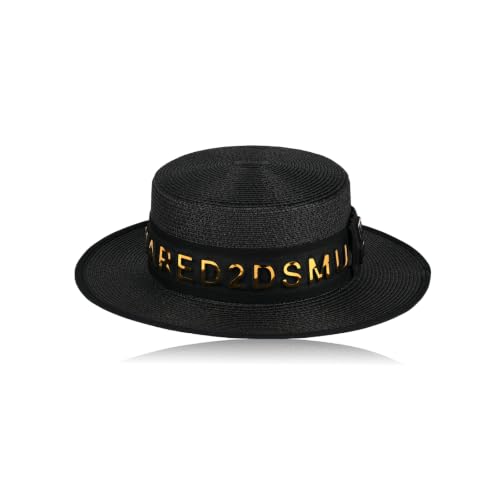 2026 New Viral Influencer Letter Band Boater Straw Sun Hat for Women Wide Brim UV Protection Beach Vacation Essentials - color: Black