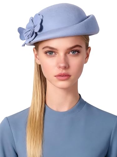 Women Wool Felt Ribbon French Fashion Vintage Millinery Beret Hats Top Cap Ladies Party Wedding Fedoras Chapeau - color: Haze Blue