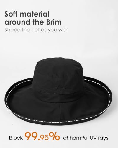 Hatiis Womens Sun Hat with Ponytail Hole Cotton Shapeable Wide Brim - color: Black