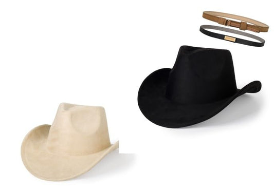 2 Pack Western Cowboy Hats for Women Men 2 Different hat Bands - color: Black+beige
