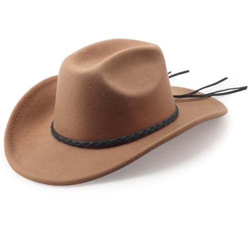 DRESHOW Western Cowboy Hat for Men Women Cowboy Cowgirl Hat Outdoor Wide Brim Retro Felt Fedora Hats Unisex Rolled up Caps - color: 1 Pack Style 8: Khaki