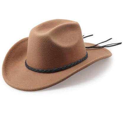 DRESHOW Western Cowboy Hat for Men Women Cowboy Cowgirl Hat Outdoor Wide Brim Retro Felt Fedora Hats Unisex Rolled up Caps - color: 1 Pack Style 8: Khaki