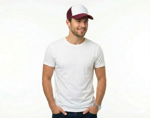 NYFASHION101 Plain Mesh Trucker Hat - Breathable 6-Panel Daily Snapback Cap, Customizable Ideal for DIY Embroidery & Patches - color: Maroon/White
