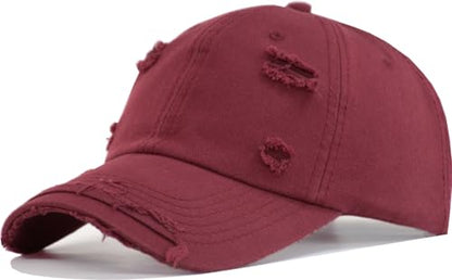 TSSGBL Unstructured Distressed Baseabll Cap Cotton Soft Dad Hat Adjustable Low Profile Headwear Ball Caps for Women Men - color: Distressed Burgundy, size: Medium-Large