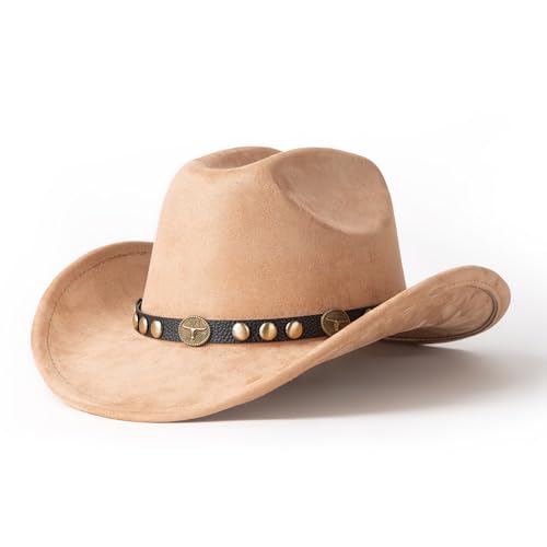 Western Cowboy Hat for Men Wide Brim Suede Cattleman Cowgril Hats - color: Black Belt /Khaki