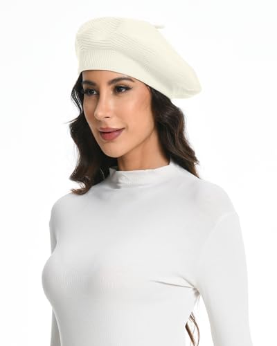 Cotton Knitted Women Beret Hat, French Style Solid Color Beret, Winter Autumn Warm and Soft Beanie Hat - color: Cream White